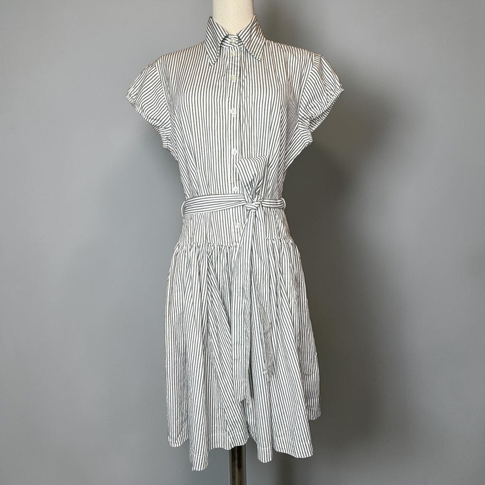 Norma Kamali Belted Popover Shirt Dress Belted Buttoned Cotton Striped Large